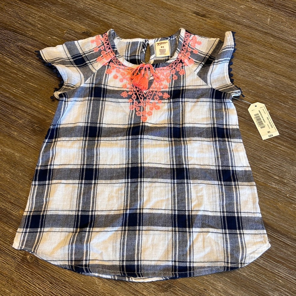 Arizona Jeans Girls Plaid Tassels Embroidered Top Size 5 Blouse Sumer